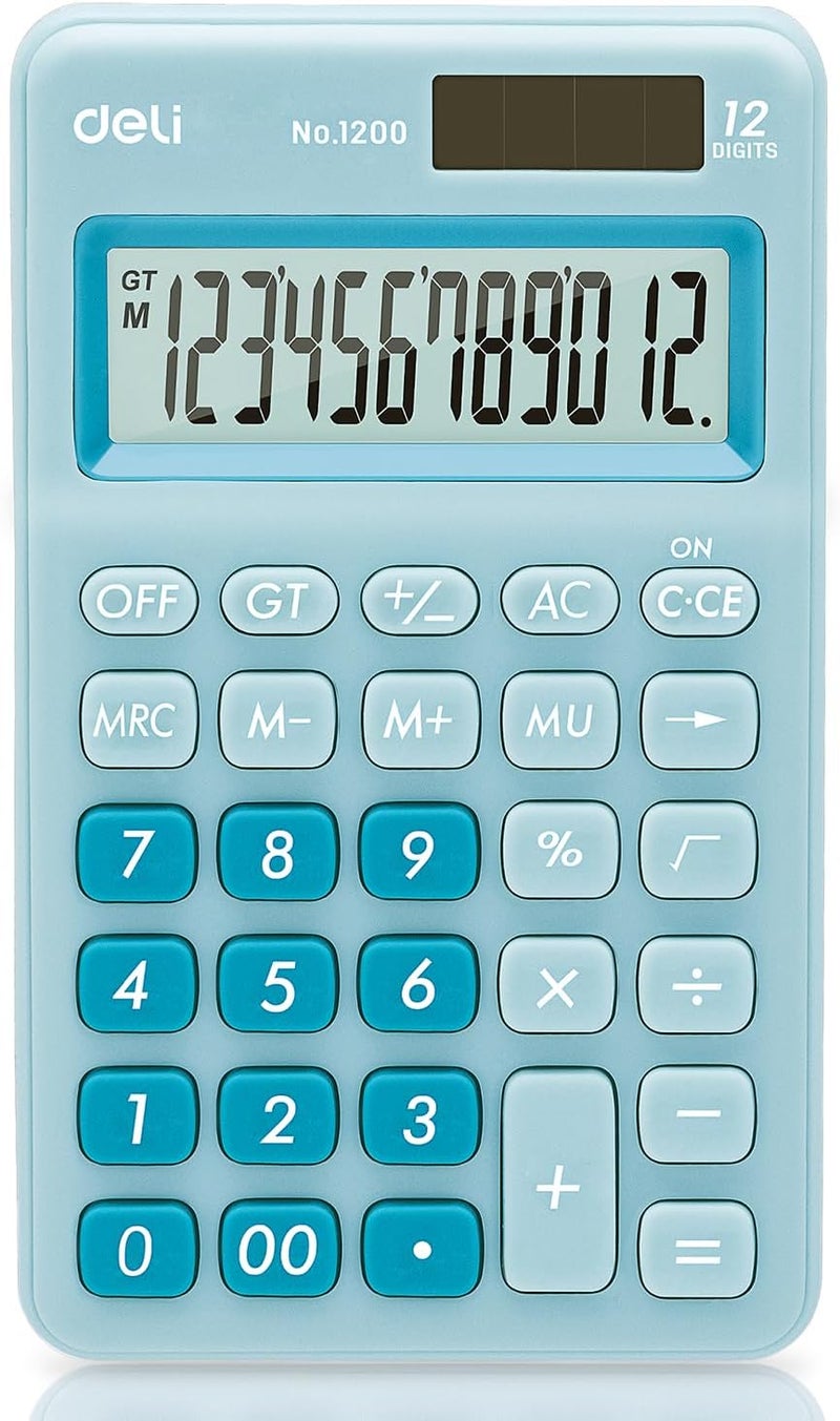 Deli Standard Function Basic Calculator, 12 Digit Desktop Calculator with Large LCD Display, Solar Battery Dual Power Office Calculators, Blue - Image 1